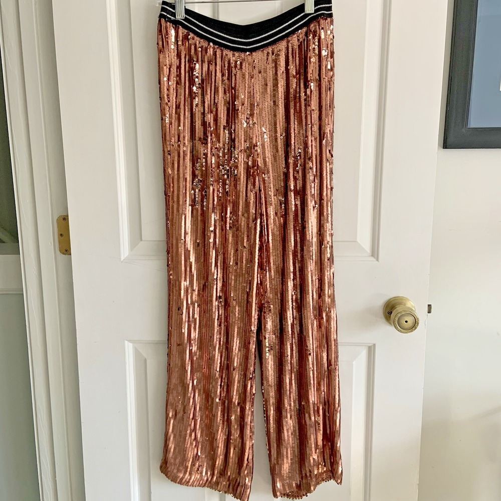 Free People Rose Gold Sequin Pants sz XS Straight Leg Elastic Waist BoHo Bling